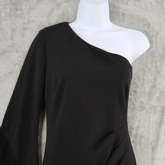 AQUA One Shoulder Fringed Sleeve Sheath Dress Womens 6 Black Formal Holiday NWT - Picture 6 of 16